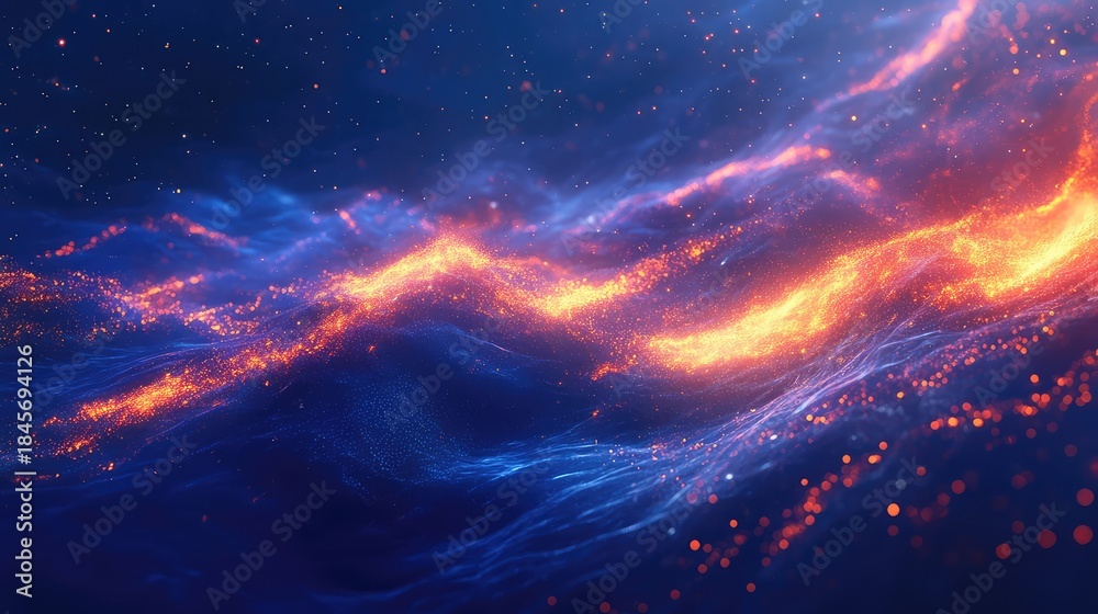 Obraz premium Abstract network of luminous particles creating a dynamic light stream and energy wave pattern against a dark, starry background, representing connections, data, and technology