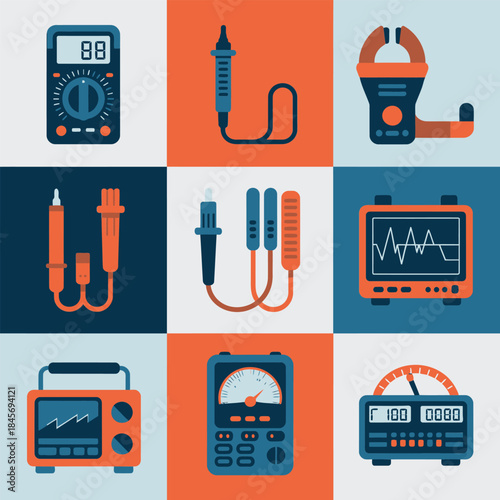 Measurement and diagnostics icon set, voltage current test meters probes waveform screens, electrical engineering, flat vector illustration