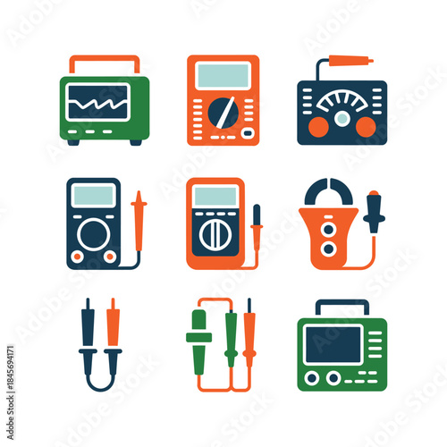 Electronic testing equipment icon collection, measurement devices cables probes displays, electrical analysis tools, flat vector design