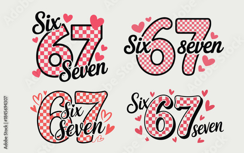 Stylish number 67 design collection featuring hearts and checkered pattern for celebration