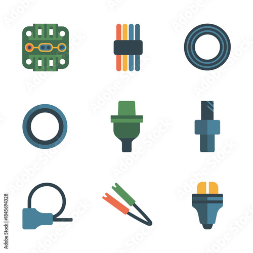 Cable and connector icon collection, wire plug socket adapter terminal symbols, electrical connection, flat vector design