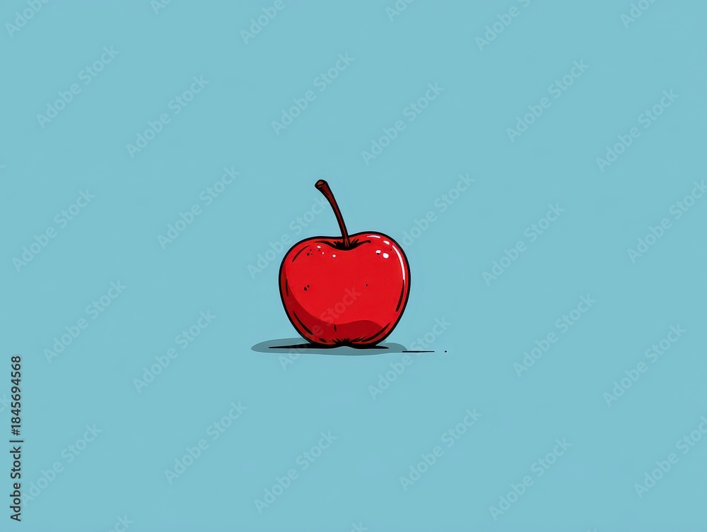 Obraz premium A vibrant red apple with a slender stem sits against a solid, light-blue background, using bold outline in a minimalist style