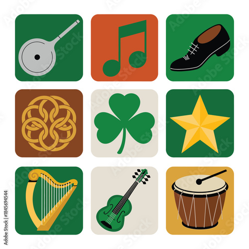 Saint Patricks day music icon set with harp violin drum banjo notes clover symbols festive flat vector illustration