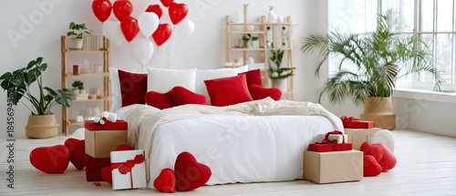 Valentine's Day themed bedroom with red and white decor featuring heart-shaped balloons and plush toys for a romantic atmosphere