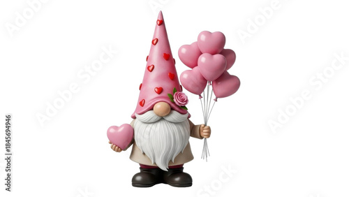 Valentine Gnome Holding Heart Balloons on Transparent Background PNG