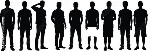 Casual young men silhouettes standing in different poses wearing t shirts and shorts isolated on white background modern lifestyle vector illustration