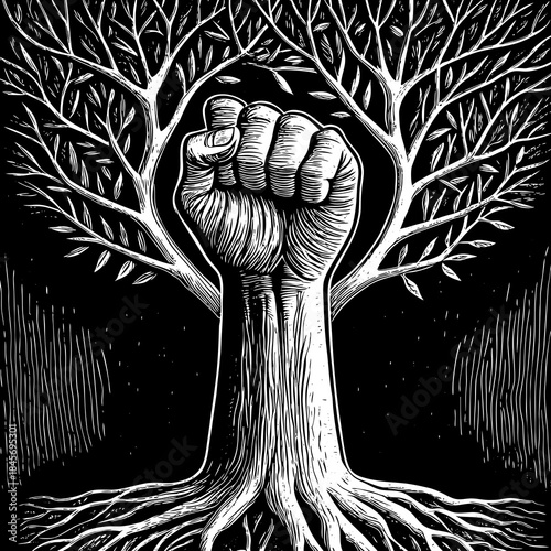 Conceptual Tree Fist Silhouettes Strong Nature Vector Logo