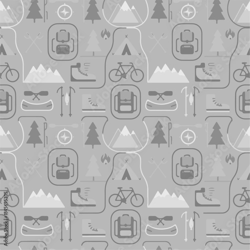 Grayscale Camping Icons Seamless Pattern for Outdoor Design