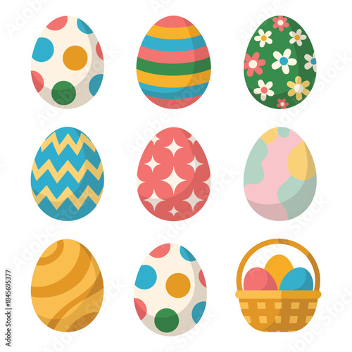 Decorative Easter egg collection featuring floral striped polka dot patterns festive spring celebration flat vector design