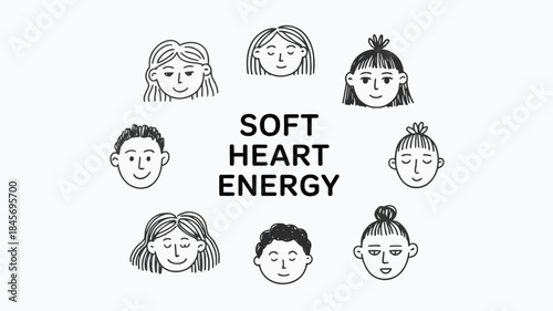 Minimal black doodle faces arranged in circle convey soft heart energy