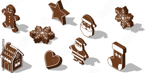 Isometric Gingerbread Cookie Silhouettes for Christmas.