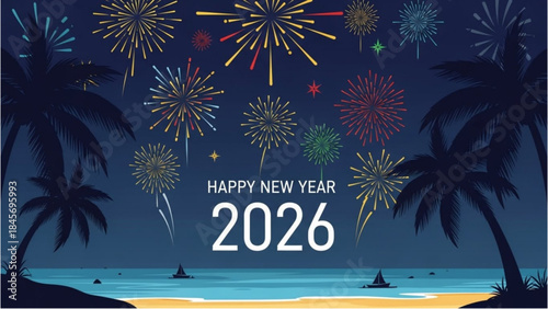 Happy New Year 2026 celebration with fireworks over a tropical beach. New Year vector.