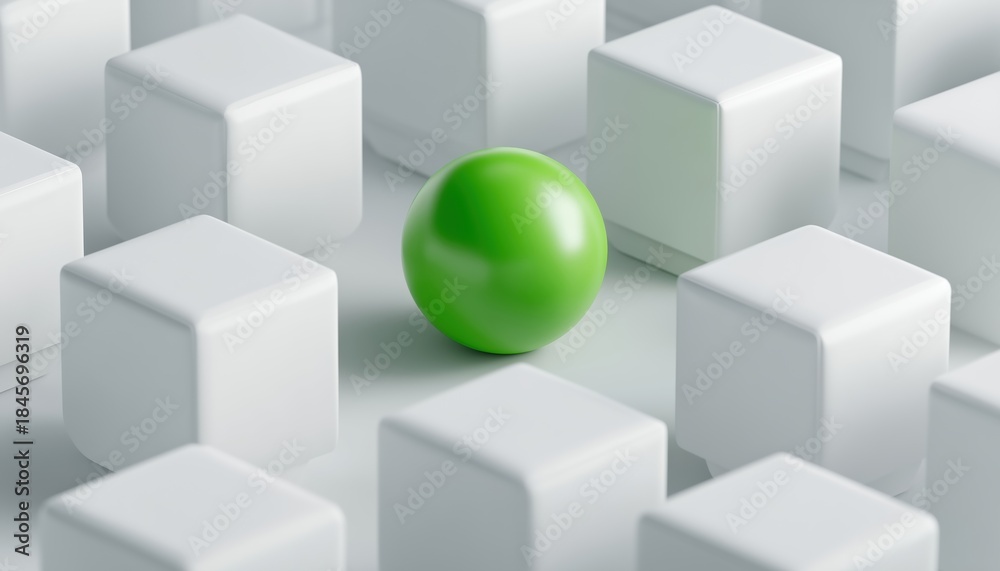 Obraz premium Green Sphere Leader Guides White Box Followers In Successful Business Strategy With Copy Space. Leadership And Winning Tactics In Play.