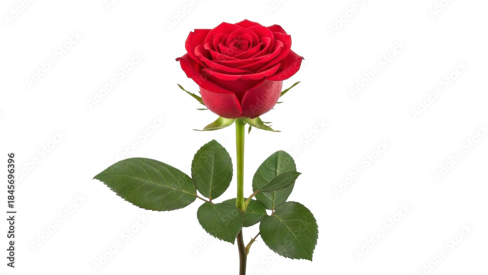 Fototapeta premium Red Rose with Green Leaves on a Transparent PNG File