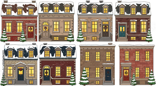 Cozy winter town house facades illustration showing snowy brick homes with warm glowing windows festive decorations isolated vector design