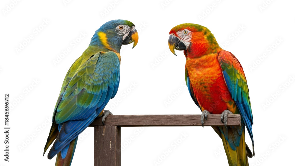 Obraz premium Two Colorful Macaws Perched on Wood in PNG Image on Transparent