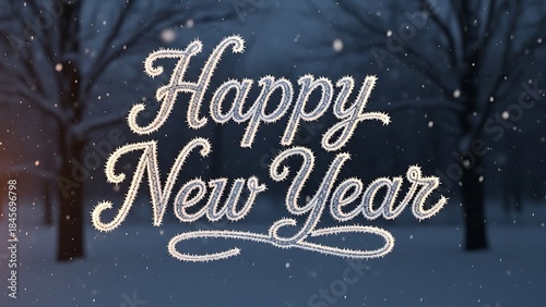 Happy New Year sparkling snow message in winter landscape
