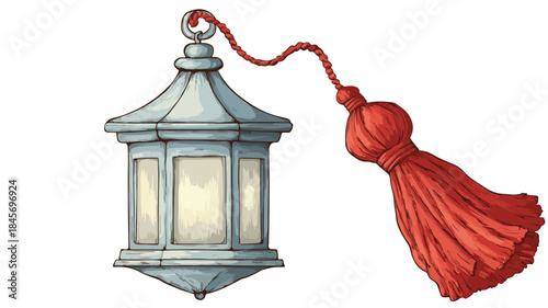 Cartoon Lantern with Red Tassel Vector Illustration