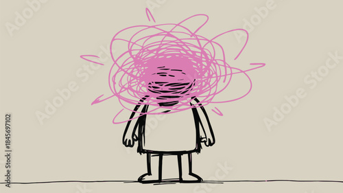 Simple sketch style character stand in with pink scribbles on face and head standing on beige background, representing confusion or chaos