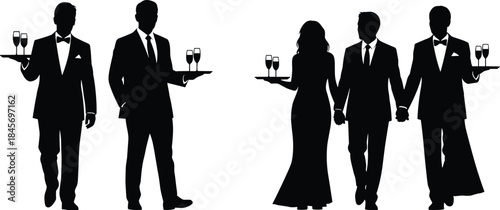 Elegant formal party silhouettes of men and women holding champagne glasses at luxury gala event isolated on white background vector illustration