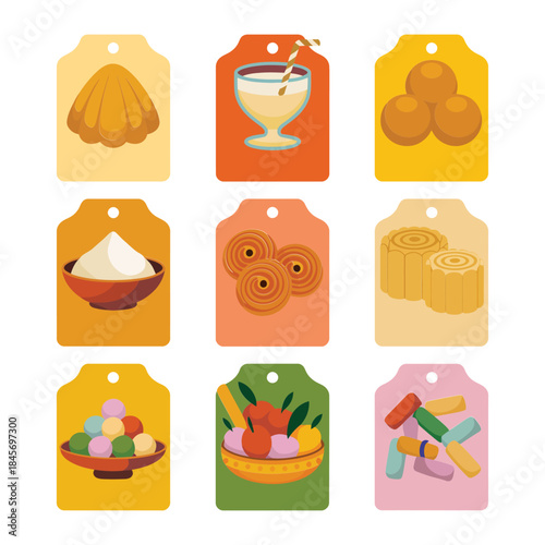 Traditional sweets and dessert gift tag icon set with bowls treats snacks celebration flat vector illustration collection
