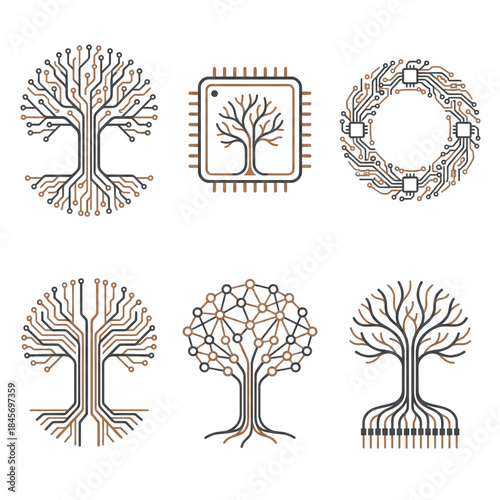 Collection of tree circuit board illustrations isolated on white background with various designs
