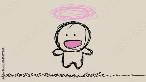 A cheerful simple black line character floats with a pink halo smiling brightly