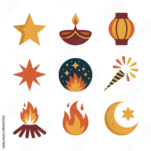 Festive fire and celebration icon set with stars lamps fireworks flames night symbols warm flat vector illustration