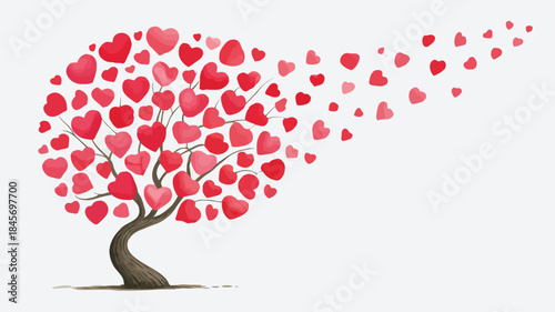 A tree with a thick curved trunk and branches adorned with numerous red and pink hearts floating in the air on a white background