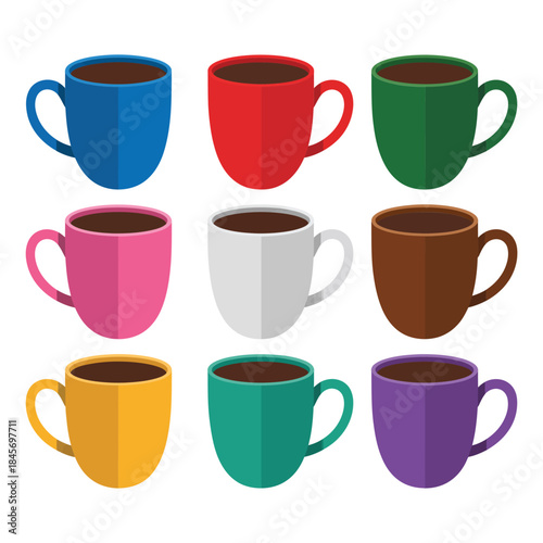 Colorful coffee and tea mug icon collection with modern shapes minimal style beverage flat vector illustration set