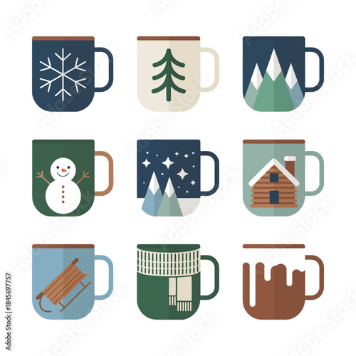 Winter holiday mug illustration collection with snowman tree cabin patterns festive drink icons clean flat vector design