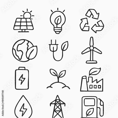 Energy Ecology Line Icon Set. 12-Icon Pack featuring Renewable Energy, Sustainability, and Environment Concepts.