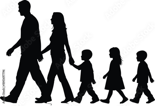 Family silhouettes walking together with parents and children holding hands representing love care unity and togetherness isolated on white background vector illustration