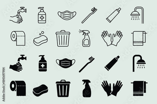 Hygiene product illustration vector icon set featuring personal care and sanitation
