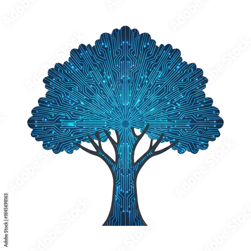 A blue circuit board tree on a white background with intricate electronic design