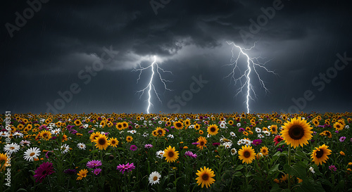 Thunderstorm over Field of Flowers with Lightning Strikes
