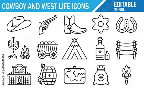 Modern linear icon collection for wild west symbols.