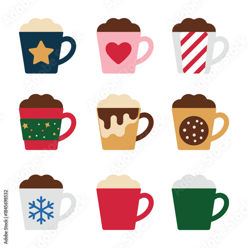 Festive winter mug icon collection with whipped cream cocoa coffee snowflake heart patterns cozy holiday flat vector illustration