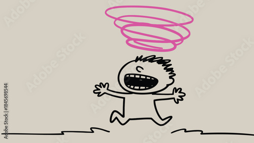 A joyful doodle figure jumps with arms outstretched under swirling pink tornado