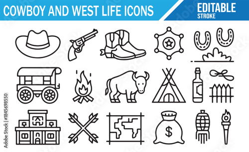Vector line illustrations of buffalo, teepee, and cowboy hat.