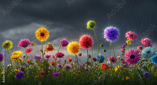 Vibrant Flowers in Rain Against Stormy Sky