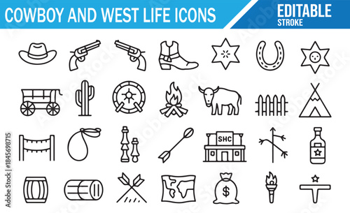 Cowboy and West life line icons set with editable strokes. Vector illustrations including cowboy hat, pistols, cactus, boot, horseshoes, saloon, teepee, buffalo, wagon, and sheriff badge symbols.