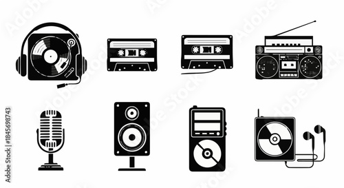 Retro Music and Audio Icons: Turntables, Cassettes, Boomboxes, and Microphones Silhouette Set.