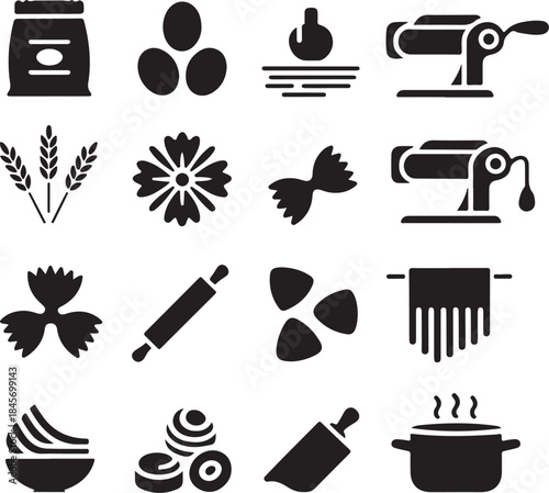 Pasta icons, italian food, cooking ingredients, flour bag, pasta machine, wheat dough, rolling pin, raw eggs, farfalle noodle, dinner preparation