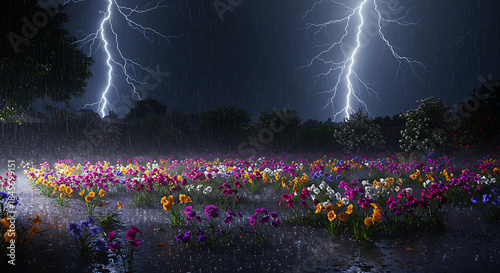Thunderstorm over a Field of Colorful Flowers