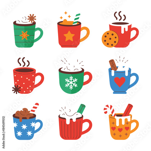 Christmas beverage mug illustration pack with hot chocolate coffee marshmallow candy cane cozy winter drink flat vector collection