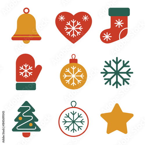 Winter holiday decoration icon collection with bell mitten snowflake ornament tree star festive flat vector illustration set