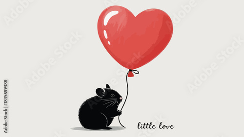 A cute black hamster sitting beside a heart shaped red balloon little love
