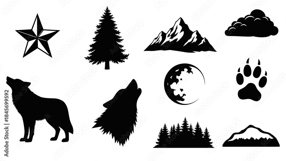 Fototapeta premium Collection of wolf and nature elements silhouettes howling wolf, moon, mountains, and forest