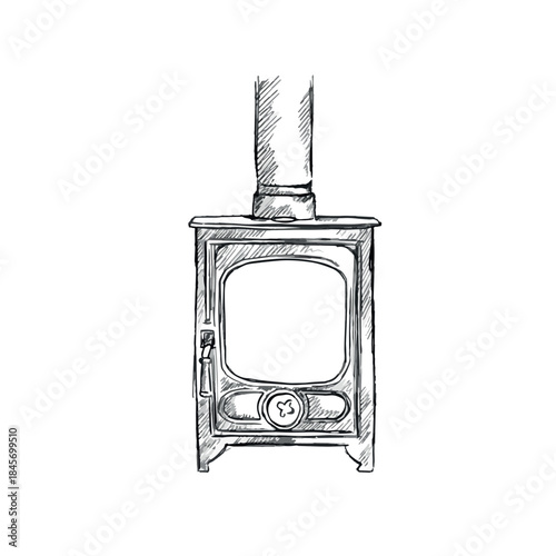 A log burner illustration hand drawn in vectorised greyscale.